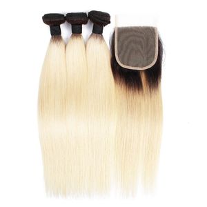 european virgin hair closure toptan satış-Saç Kisshair T1B613 Düz Örgü Demetleri Kapatma Ile Sarışın Renk Uzatma Bakire Avrupa Brezilyalı