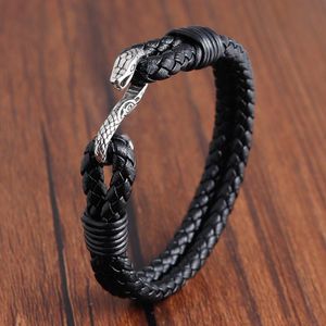 Vintage Snake Easy Hook Leather Bracelets Men Viking Jewelry Black Braid Bracelet Charms Bangle Charm