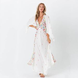 kimono robes toptan satış-Bohe Maxi Elbise Kadın V Boyun Çiçek Baskı Kimono Flare Sleeve Beach Yaz Rahat Düğme Uzun Gevşek Robe Femme Elbiseler
