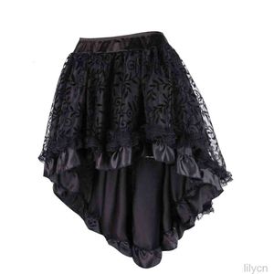 Steampunk svart blommig flockning Tulle och Ruffled viktorianska kjol Kvinnor Fram Kort baksida Långa asymmetriska kjolar