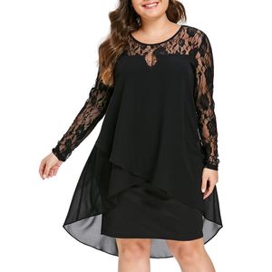 yüksek düşük dikişli elbise toptan satış-35Dress Kadınlar Siyah XL XL Artı Boyutu Elbise Rahat Sırf Dantel Kollu Yüksek Düşük Hem O Boyun Salıncak Elbiseler Sukienki