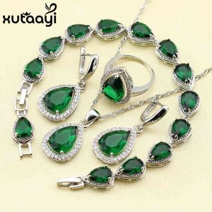 925 Silver Water Drop Wedding Jewelry Set For Women Green Stones White crystal Bracelet Earrings Necklace Pendant Rings