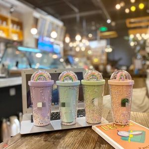 450ml Cute Rainbow Starbucks Kubki Butelki Double Plastikowe ze słomkami Materiał Pet dla dzieci Dorosłych GirlFirend Prezent Produkty