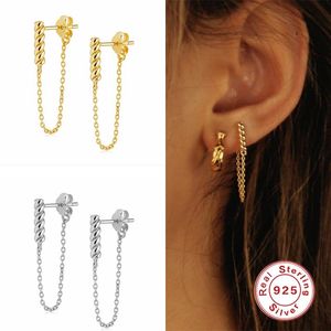 Sterling Silver Gold Long Chain Rope Stud Earrings Piercing Line Pendiente Luxury European Jewelry For Women Girls Gift