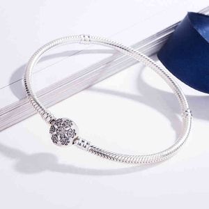 925 Sterling Silver Pandora Bracelet Crystal Snowflake Clap Snake Chain Bangle Fit Women Bead Charm Mode Smycken