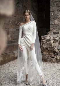 2021 Kombinezon Suknie Ślubne Suknie Ślubne Długość Długość Długim Rękawem Ivory Satin Bride Pant Suit Vestidos de Novia