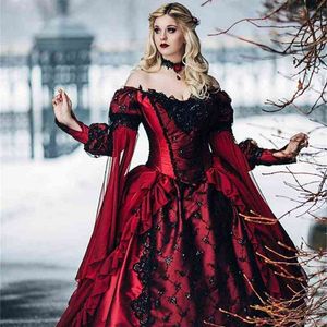 linda princesa vestido de baile vestidos de noiva venda por atacado-2021 Gótico lue beleza princesa medieval vermelho e preta vestido de bola vestido de casamento manga longa laço apliques vitoriano vestidos nupciais