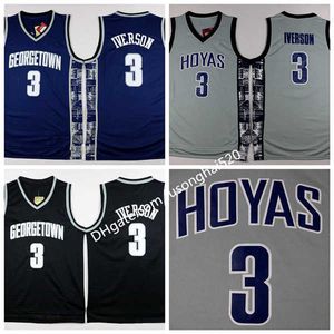 униформа баскетбола колледжа оптовых-Georgetown Hoyas College ALLEN IVERSON Джерси Университет Tean Black Blue Grey Allen Iverson Баскетбол Джетки Рубашка Униформа в наличии