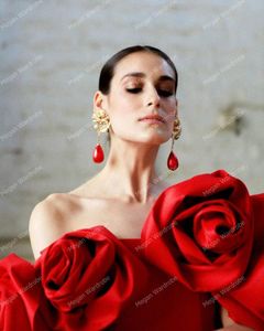 longo vestido vermelho macio venda por atacado-Vestidos casuais sexy vermelho flor artesanal mulheres sereia vestido de festa espanhola strapless tampa mangas ruffles macio longo maxi