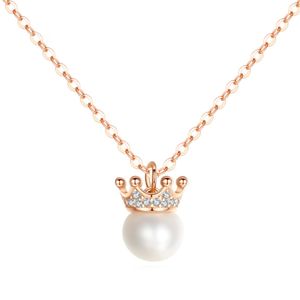 nachahmung gold krone großhandel-925 Sterling Silber Rose Gold Crown Imitation Pearl Halskette Weibliche Schlüsselbein Kette Geschenk Muttertag ASJG