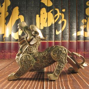 チベットの中国のアジアのアンティークビンテージアート白銅像神話の動物のピクチャー素晴らしい野生獣冥王星富と幸運