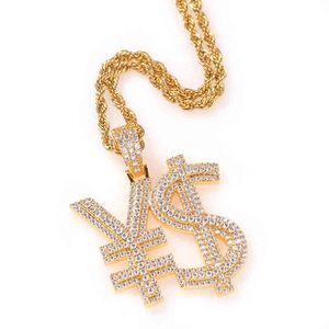 Elu jewelry RTS creative dign brass micro pave shiny zircon iced out rich symbol money sign necklace for rapper gift