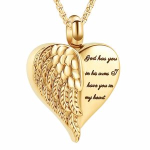 X1111 Wing of Heart Gold Color Memorial Urn Halsband Human Cremation Aska Hållare Keepsake Smycken Hängande Halsband