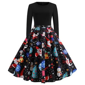 Casual Dresses Women Xmas Dress s Vintage Printed Long Sleeve O Collar Party Skater Christmas Costume With Belts Big Swing Elegant Lady Ro