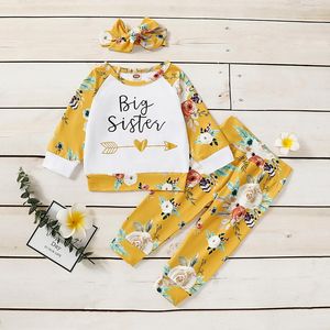 Wholesale 12 month shirts resale online - Toddler Girl Spring Outfits Months Baby Clothes Yellow Long Sleeve Big Sister T shirt Flower Pants With Headband Clothing Sets