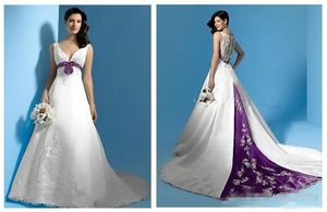 Latest Design Bridal Gowns A Line Wedding Dresses Top Selling Princess Long Spring V Neck Sash White and Purple Satin Beaded
