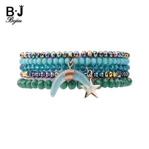 Beaded Strands st Set Blå Grön Kristall Star Moon Charms Armband för Kvinnor Multicolor Metal Nugget Beads Strand Bracelet Girl