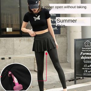 Women s Leggings Pure Cotton Pleated Skirt Fake Two piece Invisible Zipper Open Pants Female Outdoor Sex Free Hit The Field Wear