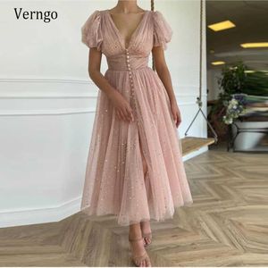 Verngo Glitter Raffia Cream Pink Tulle Prom Dresses With Golden Stars Short Puffy Sleeves Buttons Tea Length Party Gowns Y0706