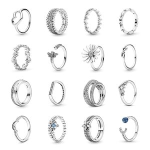 Original Många Style S925 Sterling Silver Ring Pave Logo Signatur med Crystal Pan Ringar för Kvinnor Bröllopsmycken