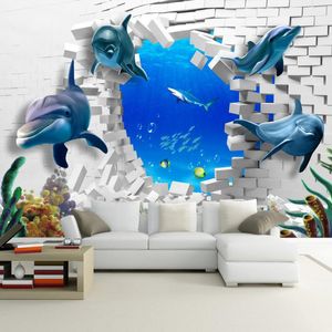 Bakgrundsbilder dropship Anpassad väggmålning d stereoskopisk delfin Broken Wall TV Sofa Bakgrund Konstmålning Blå Bakgrund Brick