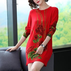 kırmızı kazak mini elbisesi toptan satış-Kadın Kazak Moda Kazak Elbise Kadın Çiçek Baskı Desen Örgü Uzun Kollu O Boyun Kazaklar Kırmızı Siyah Donanma Düz Mini Zarif