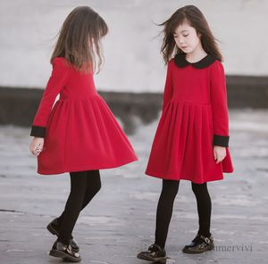 Duże dziewczyny czerwone plisowane sukienki dzieci Kontrast Kolor Lalki Kołnierz Długie Rękaw Sukienka Boże Narodzenie dzieci Księżniczka Odzież Q2288