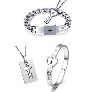 Charm Bracelets Titanium Puzzle Couple Heart Lock Key Bracelet Necklace Lover Jewelry Set