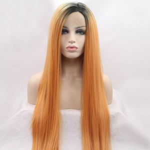 Synthetische pruiken oranje geel lang recht haar kant donkere wortels natuurlijke haarlijn cosplay frontaal voor vrouwen