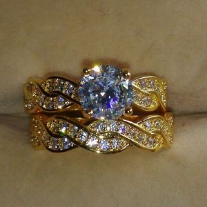 Drop High Quality Vintage Fashion Jewelry KT Yellow Gold Filled Round Shape A Cubic Zirconia CZ Bridal Ring Set Gift