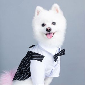 Wholesale wedding outfits for dogs resale online - Dog Apparel Classic Wedding Suit Dress Chihuahua Clothing Striped Tuxedo Vest Shirt With Bow Tie Pet Dogs Cats Clothes