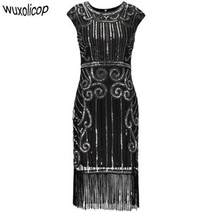 1920s Vintage Inspired Sequin Embellished Fringe Long Gatsby Flapper Dress O Neck Cap Sleeve Geometric Fancy s Party Casual Dresses
