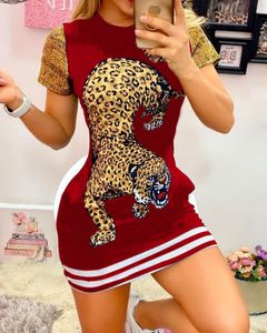 vestidos de impresión de tigre al por mayor-Mini vestido de manga corta de la manga corta de las mujeres elegantes del tigre