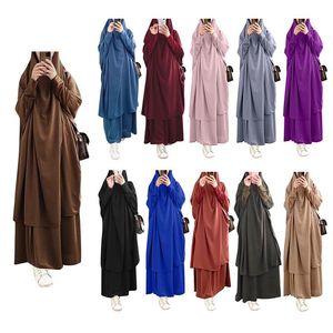 молитва хиджаб с рукавами оптовых-Этническая одежда Мусульманская женская полная крышка две части Abaya Set с длинным рукавом исламское молитвенное платье с хиджабом Pure Color High Retch Kaftan