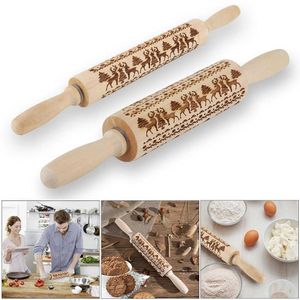 Wholesale Natural Wooden Roller Baking Tool Embossing For Bread Pizza Etc Christmas Pattern Rollers Printed Rolling Pin Durable