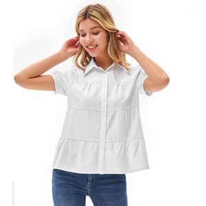kabarık kollu üstler toptan satış-Vintage Casual Gömlekler Kadın Katmanlı Gömlek Şişirilmiş Kısa Kollu Yaka Yaka Button Placket Saf Gevşek Bluz Tops Bayanlar Giyim Kadın Blou