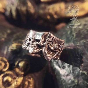 Lianyushan quot American old school style quot comedy tragedy Yin Yang face clown SILVER RING silver finger wheel