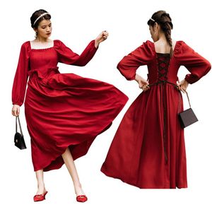 French Style Women Retro Vintage Renaissance Lace Medieval Costume Elegant Long Dress Victorian Ball Gown Dresses Red Vestidos Casual