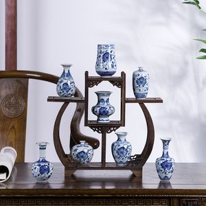 Jingdezhen pure handmade Chinese style living room tea table antique blue and white porcelain mini flower arrangement small vase