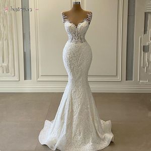 Luxury D Lace Mermaid Wedding Dress Romantic Beads Tulle Neck Wedding Bridal Gowns Robe de Mariage BJ01