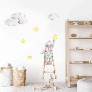 suluboya duvar çıkartmaları toptan satış-Dekoratif Çıkartmalar Sevimli Suluboya Bunny Merdivenlerde Yıldız Bulutlar Çıkarılabilir Duvar Çıkartmaları Kreş Sanat Posterler PVC Kızlar Yatak Odası Ev Dekor