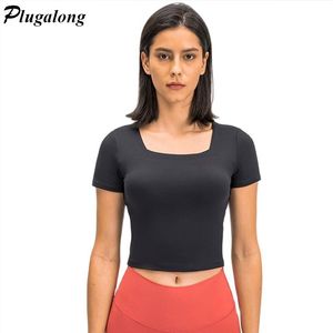 Yoga Outfit Padded Ladies Sports T Shirts Crop Top Square Collar Short Sleeve Tops Slim Work Out Sportswear Tshirts Gym Clothing