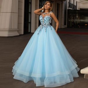 Garden Sky Blue Floral A line Tulle Bridal Dresses Appliques Long Puff Mesh Wedding Guest Women Pretty Party Gowns Casual