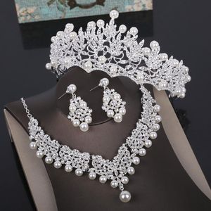 Örhängen Halsband Kristall Pearl Kostym Smycken Ställer Rhinestone Statement Fashion Crown Tiaras Set Kvinnor Bröllop