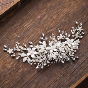 Silverfärg Blomma Pearl Hair Comb Headband Bröllop Tillbehör för Kvinnor Bride Tiara Smycken