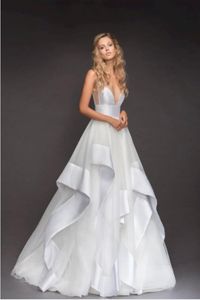 Unique Design A Line Deep V neck White Satin Gowns Sexy Bridal Wedding Dresses Spaghetti Straps Simple
