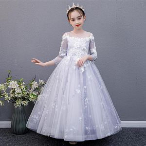 Wholesale three quarter length sequin dress resale online - Girl s Dresses Flower Girl Illusion Appliques O Neck Three Quarter Princess Floor Length Tulle Embroidery Sequined Kids Party Gown H266