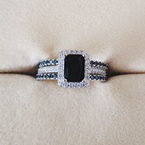 black bridal ring sets toptan satış-925 Ayar Gümüş Alyans Seti Band Yüzük Kadınlar Için Nişan Gelin Moda Takı Parmak Noel R1997X Siyah