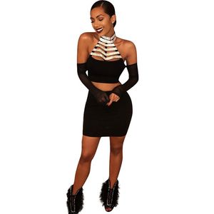 Casual Dresses Women Two Piece Sexy Halter Hollow Out Sequin Choker Dress Off Axel Mesh Party Club Wear Bodycon Mini Vestidos