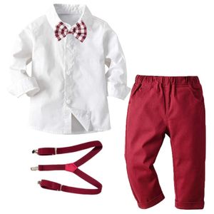 weiße outfits für babyjungen großhandel-Frühling Herbst Kleinkind Baby Kinder Kleidung Feste Weiße Hemd Rote Pant Gürtel Kinder Outfit bis Jahre Jungen Anzug Set H1023